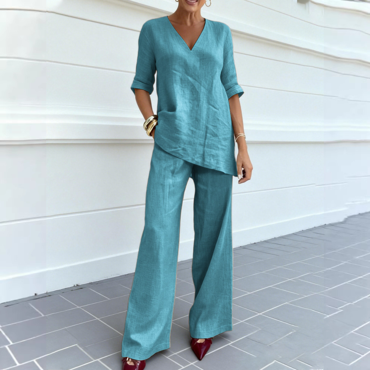 ❤️50%Popust 💥【40-100kg】2026 Pamučno-laneni jednobojni top s pola rukava i V-izrezom + ravne ležerne hlače ✅️Plaćanje pouzećem ✅️2 artikla za 70% popusta