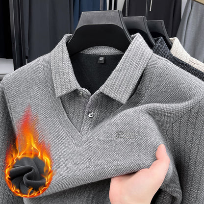 🔥🔥【M-4XL】 Pruhované pánské tričko s klopou, podšívkou z fleece a imitací dvou dílů pro větší teplo -4153175