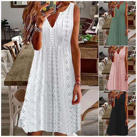 🧚‍♀️【Sleva 50 % 🔥】【S–5XL】😍 Nové letní dámské šaty ve větších velikostech, jednobarevné, bez rukávů, s výstřihem do V a prodyšným žakárovým vzorem