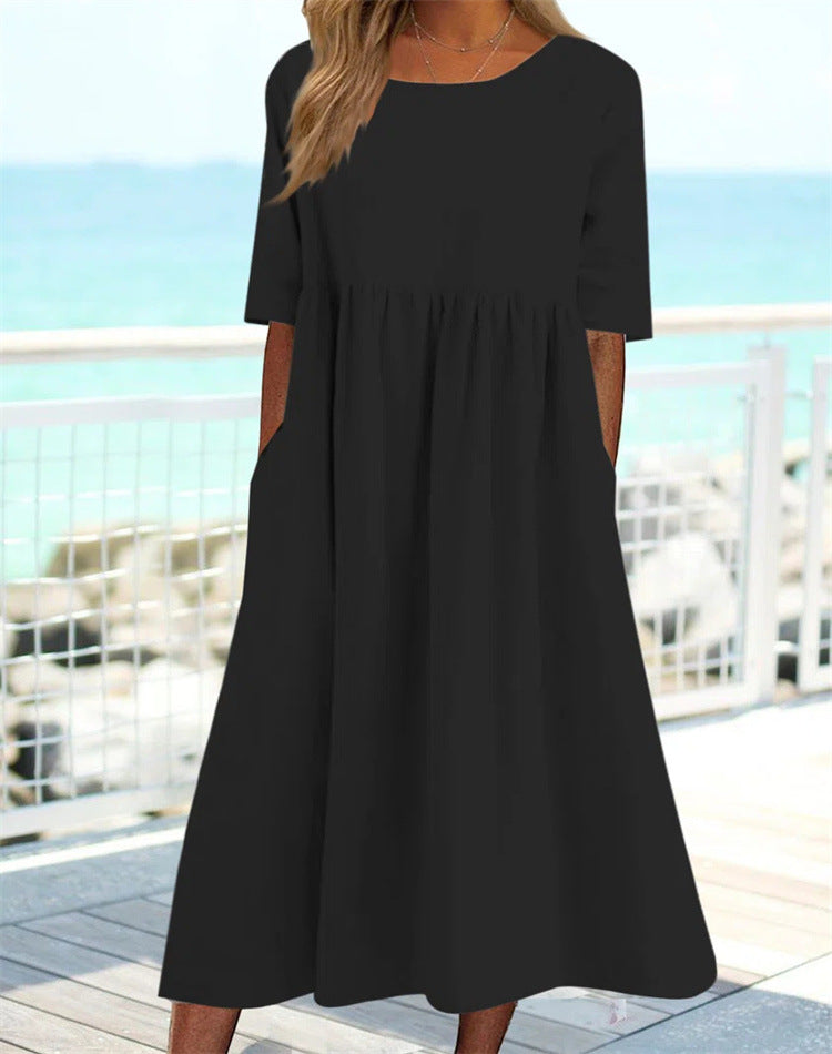 👘🌺【Sleva 50 % 🔥】【M–3XL】Nové letní dámské šaty s kulatým výstřihem a potištěným vzorem, ve větších velikostech, lehké a prodyšné