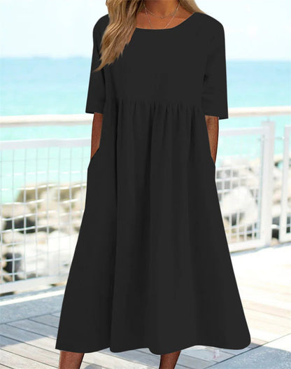👘🌺【Sleva 50 % 🔥】【M–3XL】Nové letní dámské šaty s kulatým výstřihem a potištěným vzorem, ve větších velikostech, lehké a prodyšné