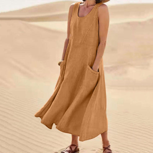 🌈👗【50% sleva 🔥】【12 barev, S-5XL】💖 Nové letní elegantní šaty bez rukávů z bavlny a tencelu s kulatým výstřihem