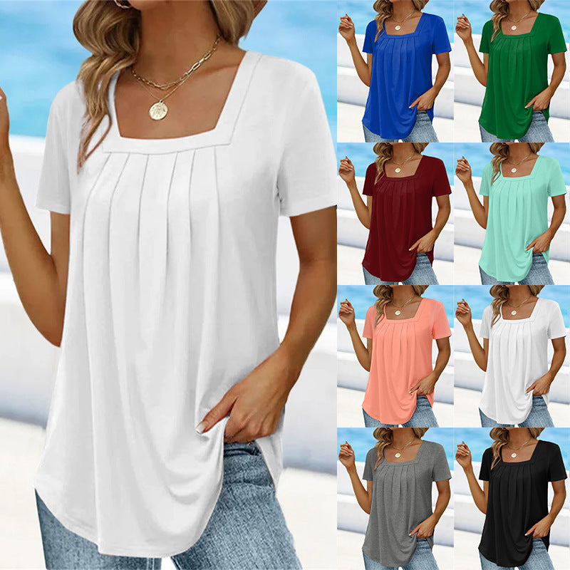 🌈👚【Kup 1, získej 1 zdarma 🔥】【S–5XL】Jednobarevné volné dámské tričko s hranatým výstřihem, ve větších velikostech, s krátkým rukávem, 8 barev