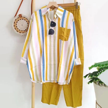 🔥Oferta por tiempo limitado🔥【Top + Pantalones】 (40-120 kg) Traje casual, holgado, a rayas y transpirable ✅️Pago contra entrega ✅️2 artículos con un 70% de descuento
