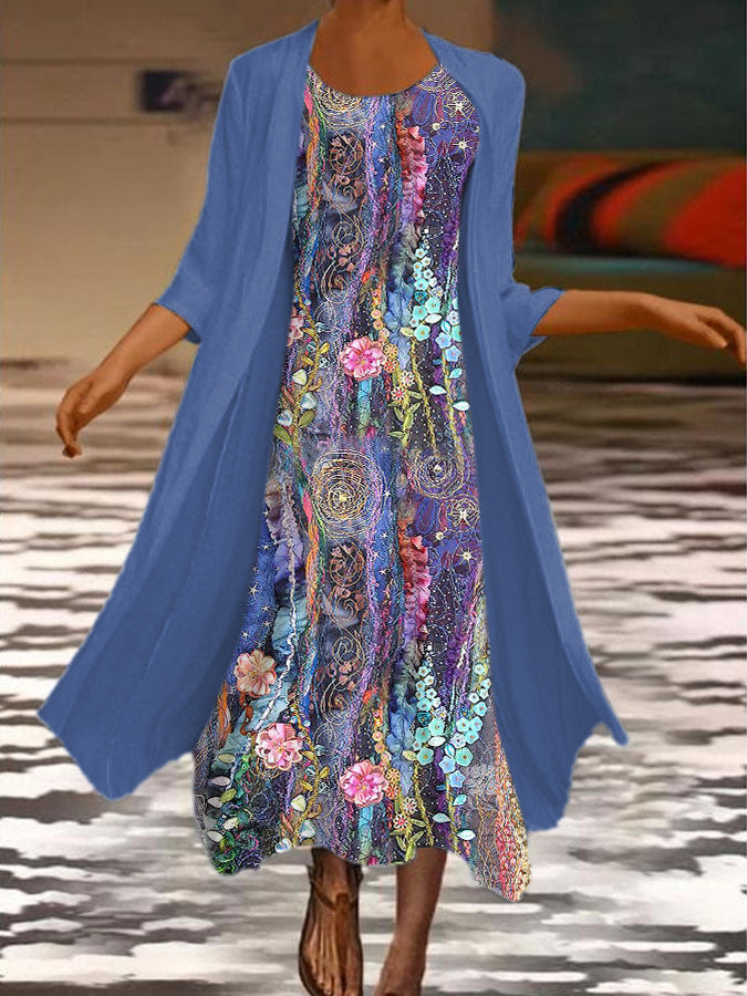 🌻 Sleva -42% 🔥🔥【S-5XL】Nové dámské maxi šaty s květinovým potiskem Dvoudílné šaty s kulatým výstřihem