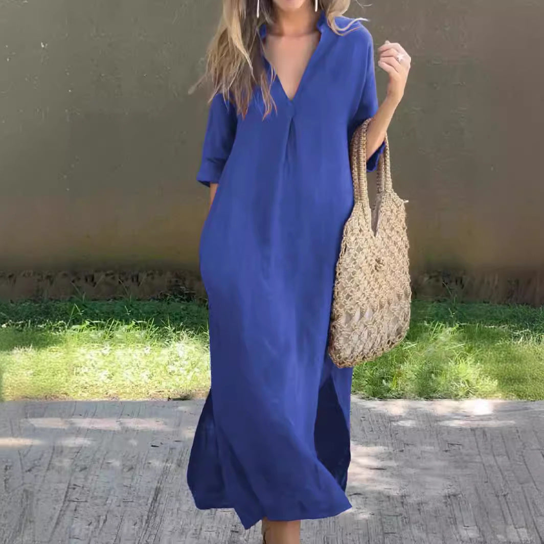 🌿💃【Sleva 50 % 🔥】【S–3XL】Dlouhé lněné šaty s výstřihem do V a rozparky, pohodlné a lehké na léto