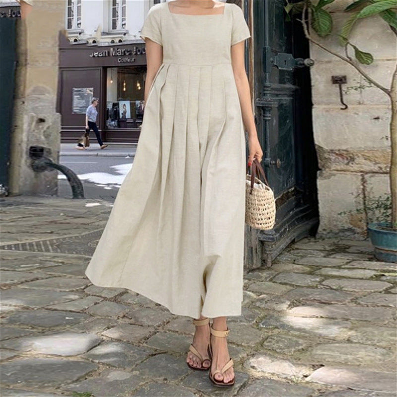 🧚‍♀️💖【50% zniżki🔥】【S-5XL】😍Duży rozmiar spódnicy damskiej z krótkimi rękawami i kwadratowym dekoltem z bawełny i lnu, elegancka letnia sukienka na co dzień, długa sukienka 