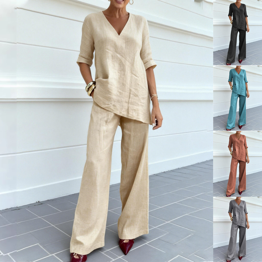 ❤️50% отстъпка 💥【40-100кг】2026 Памучно-ленен едноцветен топ с полуръкав, V-образно деколте + прав ежедневен панталон ✅️Плащане при доставка