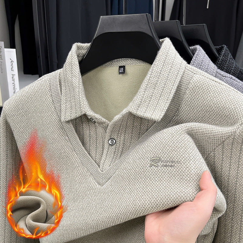 🔥🔥【M-4XL】 Pruhované pánské tričko s klopou, podšívkou z fleece a imitací dvou dílů pro větší teplo -4153175