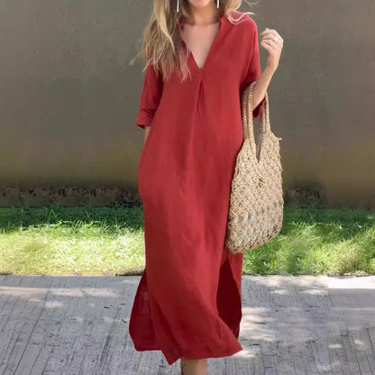 🌿💃【Sleva 50 % 🔥】【S–3XL】Dlouhé lněné šaty s výstřihem do V a rozparky, pohodlné a lehké na léto