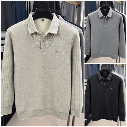 🔥🔥【M-4XL】 Pruhované pánské tričko s klopou, podšívkou z fleece a imitací dvou dílů pro větší teplo -4153175