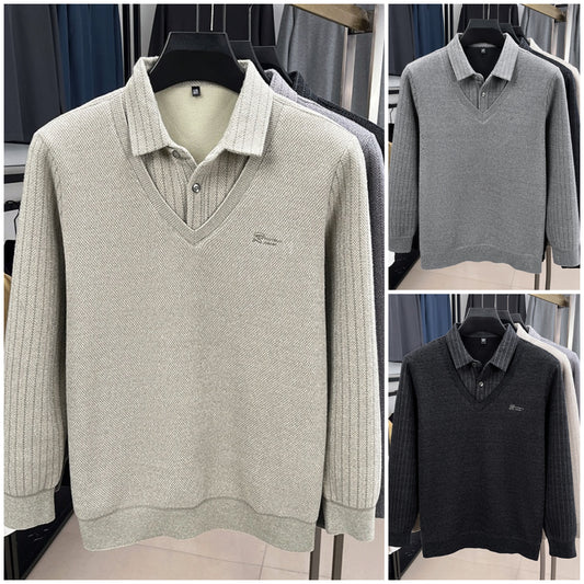 🔥🔥【M-4XL】 Pruhované pánské tričko s klopou, podšívkou z fleece a imitací dvou dílů pro větší teplo -4153175