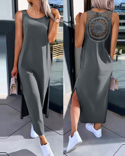 💋✨【50% sleva 🔥】【S-XXL】✨👗 Šaty bez rukávů větší velikosti, zadní výstřih, boční rozpark
