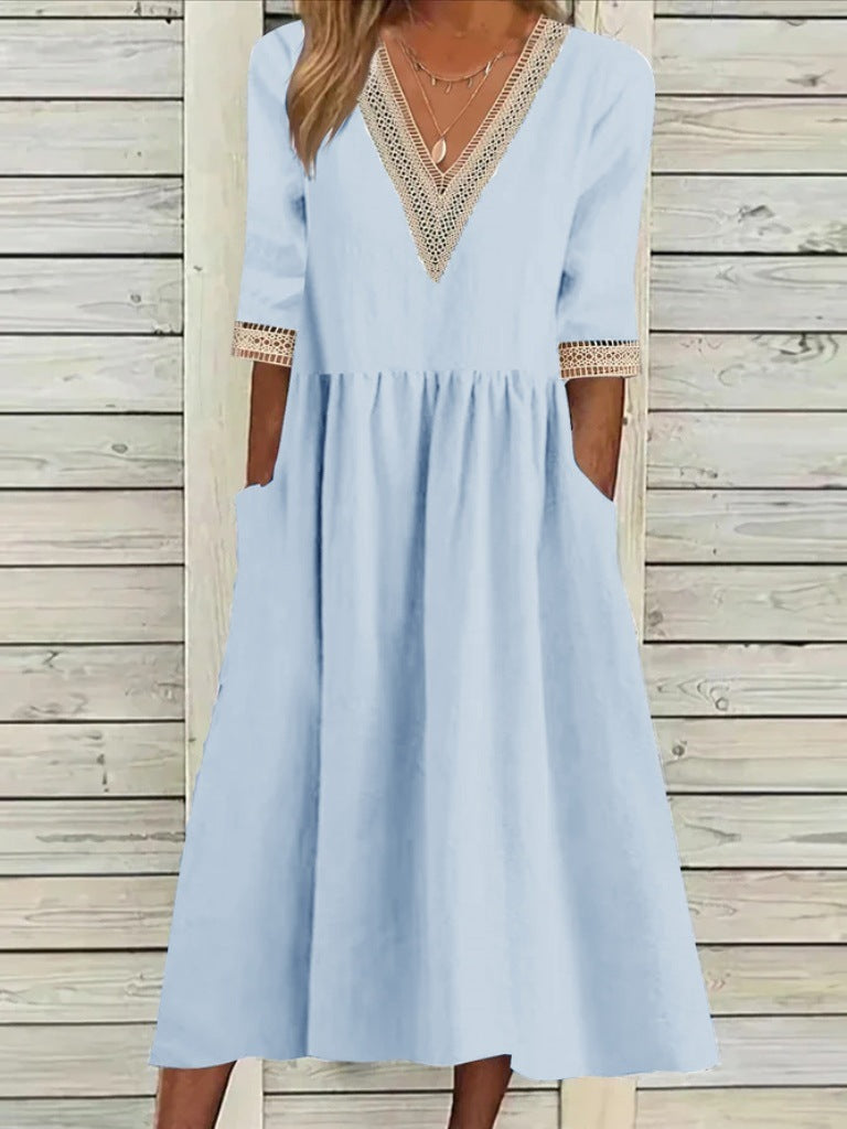 🌈👗【Sleva 50 % 🔥】【40–90 kg】👑 Ležérní dámské midi šaty z bavlny a lnu s krajkovým límečkem, ve větších velikostech
