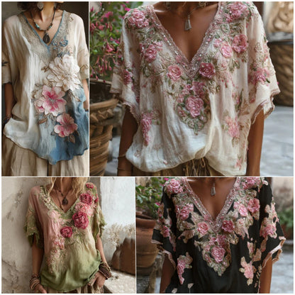 🌺【Omezená nabídka】Elegantní halenka s květinovým potiskem a hlubokým výstřihem do V 【S-4XL】--4079575