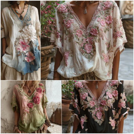 🌺【Omezená nabídka】Elegantní halenka s květinovým potiskem a hlubokým výstřihem do V 【S-4XL】--4079575