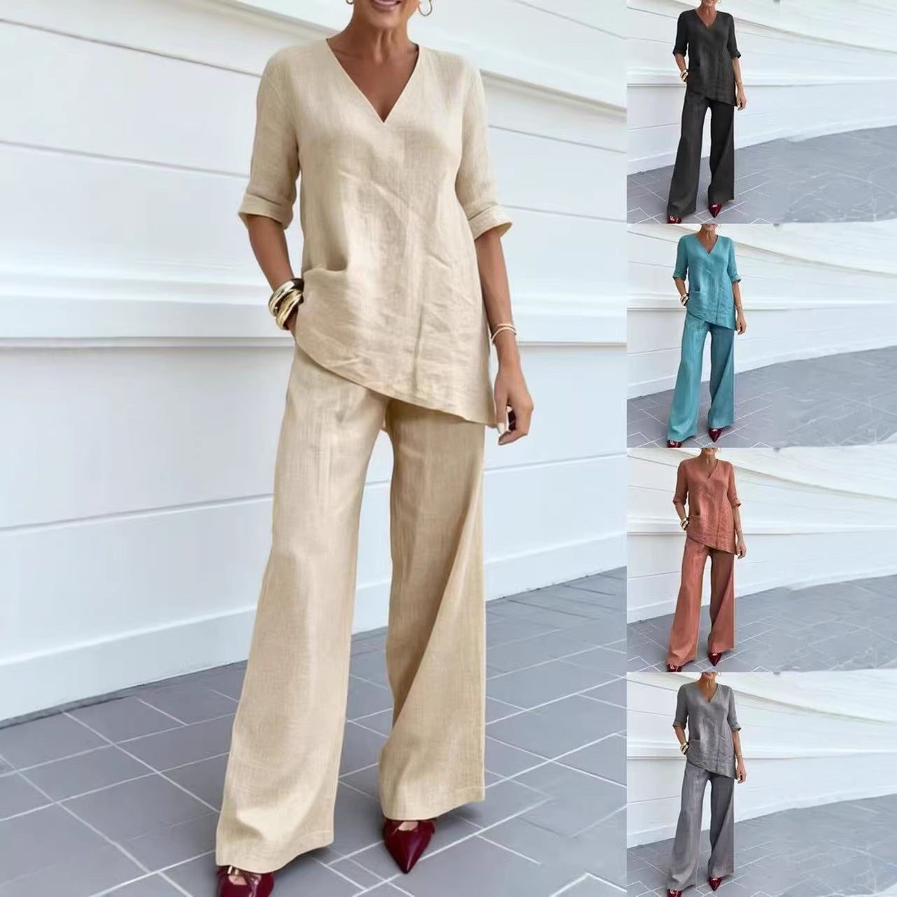 ❤️50%Popust 💥【40-100kg】2026 Pamučno-laneni jednobojni top s pola rukava i V-izrezom + ravne ležerne hlače ✅️Plaćanje pouzećem ✅️2 artikla za 70% popusta