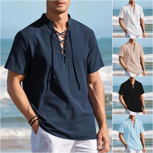 🏄‍♂️👔【Sleva 50 % 🔥】【S–3XL】Pánské Henley tričko z bavlny a lnu, ve větších velikostech, s výstřihem do V a dekorativní šňůrkou