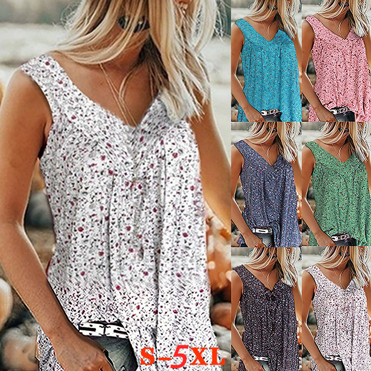 🎀【Sleva 50% ✨✨】【S–7XL】Dámský elegantní top bez rukávů s potiskem a výstřihem do V ve velkých velikostech