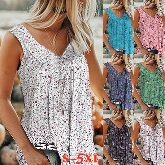 🎀【Sleva 50% ✨✨】【S–7XL】Dámský elegantní top bez rukávů s potiskem a výstřihem do V ve velkých velikostech
