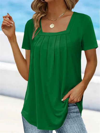 🌈👚【Kup 1, získej 1 zdarma 🔥】【S–5XL】Jednobarevné volné dámské tričko s hranatým výstřihem, ve větších velikostech, s krátkým rukávem, 8 barev