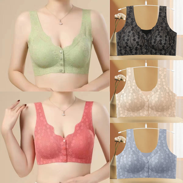 😍😍【50% zniżki】🎁💖【Zestaw 5 sztuk】Biustonosz damski bez stalowych fiszbin, zapięcie z przodu, bezszwowy jedwab lodowy
