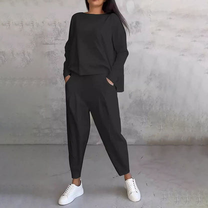 💖【Top + Kalhoty】 Módní dvoudílná souprava, jednobarevné ležérní a trendy dámské oblečení, příjemná látka z čisté bavlny