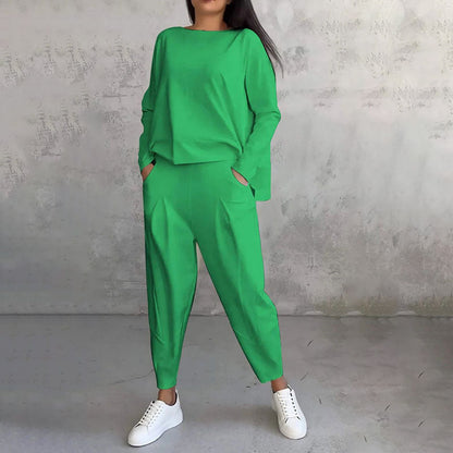 💖【Top + Kalhoty】 Módní dvoudílná souprava, jednobarevné ležérní a trendy dámské oblečení, příjemná látka z čisté bavlny