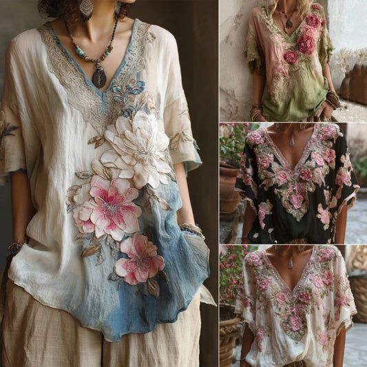 🌺【Omezená nabídka】Elegantní halenka s květinovým potiskem a hlubokým výstřihem do V 【S-4XL】--4079575