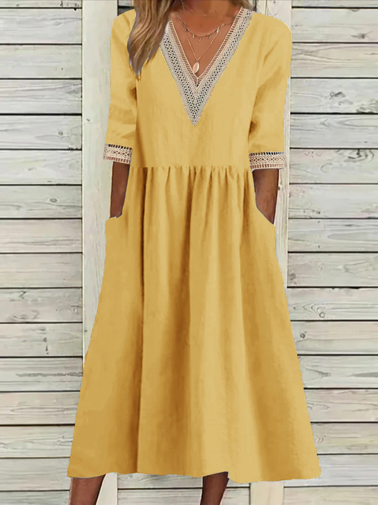 👗【50% отстъпка 🔥】👑 Рокля миди размер от памук и лен с дантелена яка ✅️Плащане при доставка