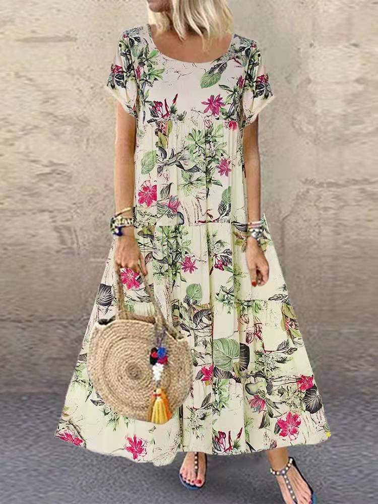 🌻【Sleva 50 % ✨】【S–5XL】👗 Dámské retro šaty s květinovým vzorem, krátkými rukávy a kulatým výstřihem, ve velkých velikostech