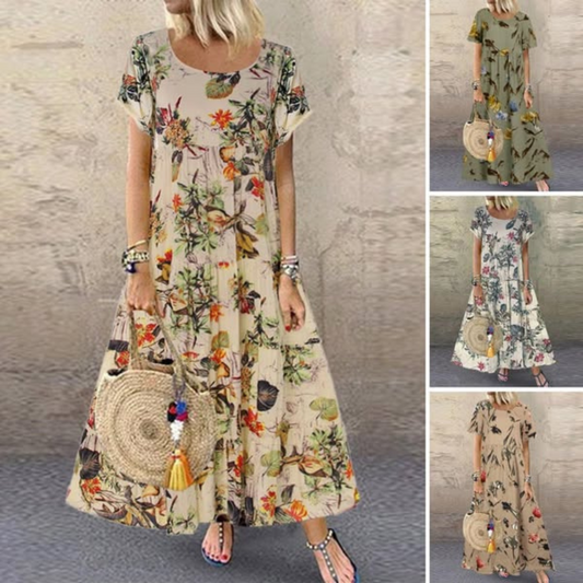 🌻【Sleva 50 % ✨】【S–5XL】👗 Dámské retro šaty s květinovým vzorem, krátkými rukávy a kulatým výstřihem, ve velkých velikostech