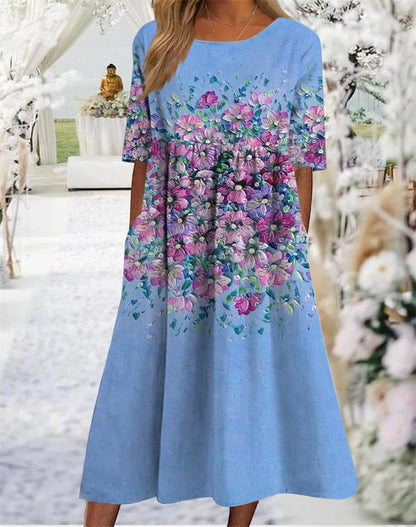 👘🌺【Sleva 50 % 🔥】【M–3XL】Nové letní dámské šaty s kulatým výstřihem a potištěným vzorem, ve větších velikostech, lehké a prodyšné