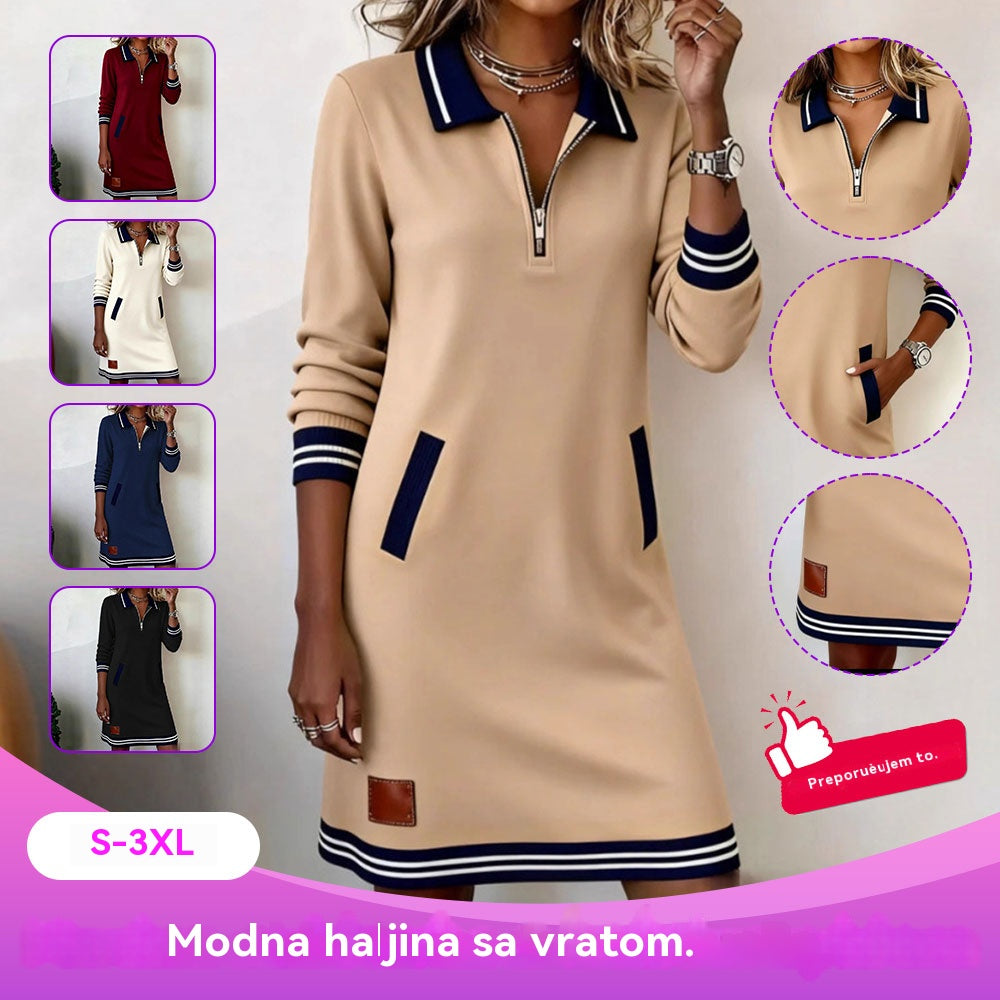 🔥🔥【40-100 kg】Nova zimska ležerna haljina s patentnim zatvaračem, ovratnikom, dugim rukavima i džepom u blok boji ✅️Plaćanje pouzećem