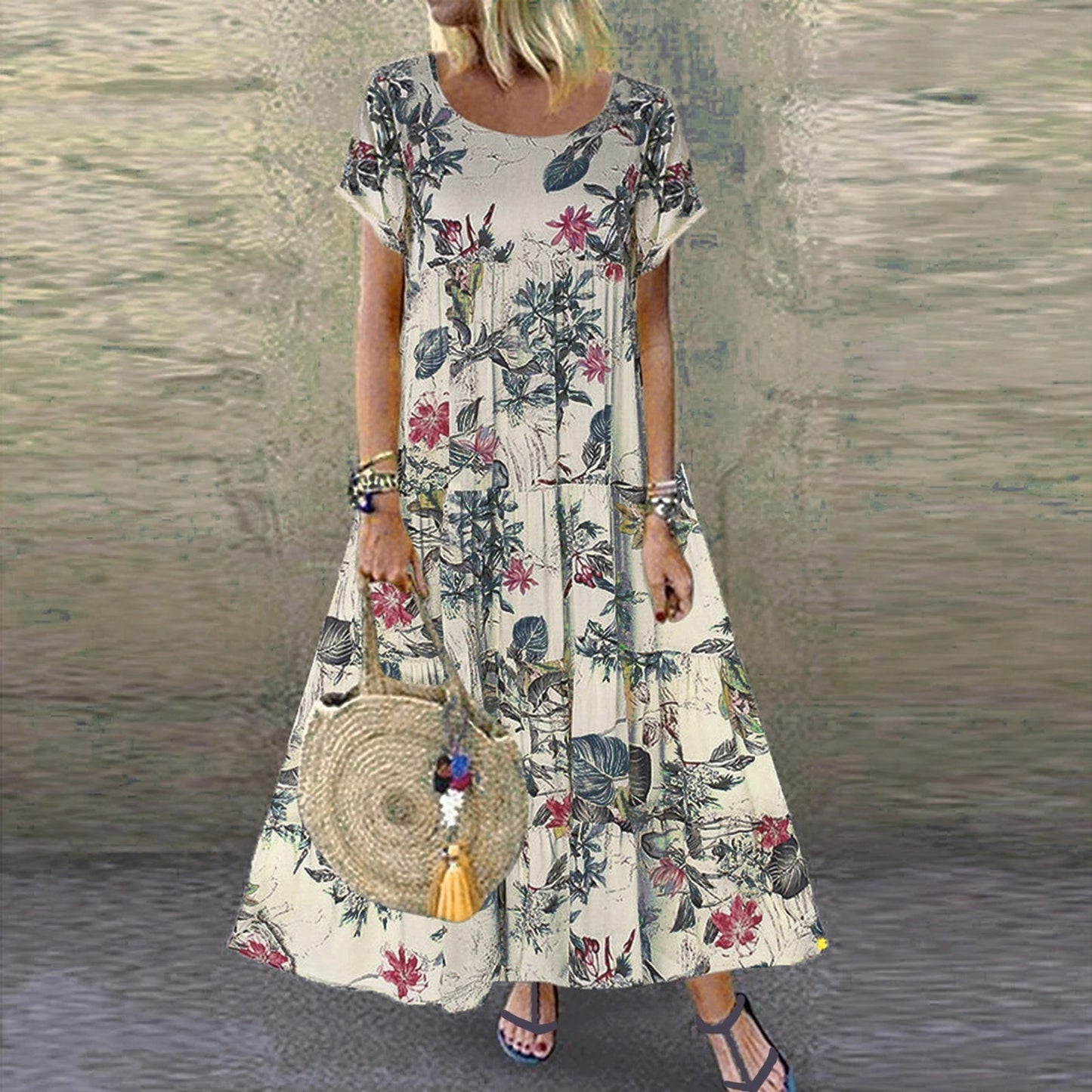 🌻【Sleva 50 % ✨】【S–5XL】👗 Dámské retro šaty s květinovým vzorem, krátkými rukávy a kulatým výstřihem, ve velkých velikostech