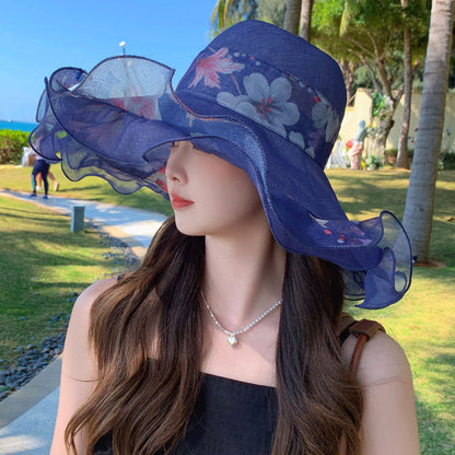 🎀【Kupte 1 a získejte 1 zdarma ✨】👒 Dámský letní plážový klobouk z bavlny a lnu s vlnitým okrajem, nositelný z obou stran