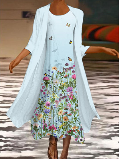 🌻 Sleva -42% 🔥🔥【S-5XL】Nové dámské maxi šaty s květinovým potiskem Dvoudílné šaty s kulatým výstřihem