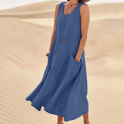 🌈👗【50% sleva 🔥】【12 barev, S-5XL】💖 Nové letní elegantní šaty bez rukávů z bavlny a tencelu s kulatým výstřihem