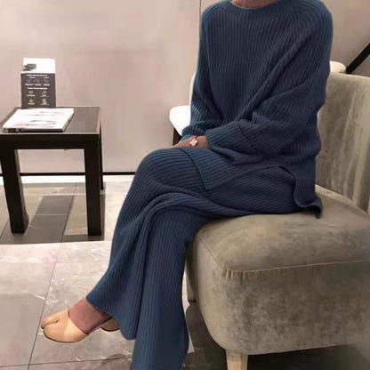 😍【S-3XL】Podzimní a zimní jednobarevný dvoudílný ležérní pletený svetr s dlouhým rukávem[Top + Kalhoty]