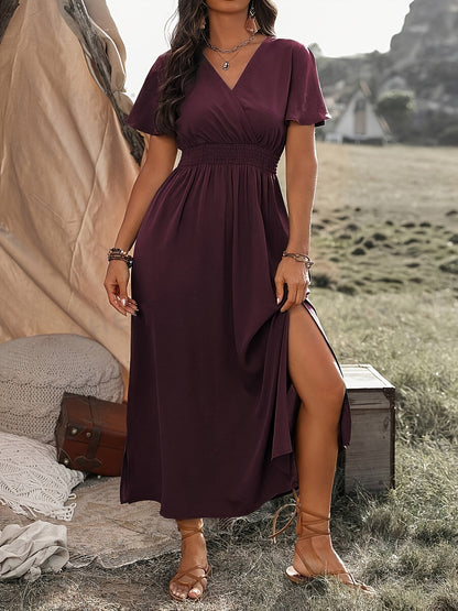 👩‍🌾💃【Sleva 50 % 🔥】【S–5XL】💖 Nové jednobarevné dlouhé šaty s výstřihem do V a rozparkem, ve větších velikostech, s volnými rukávy a elastickým pasem