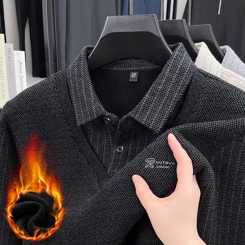 🔥🔥【M-4XL】 Pruhované pánské tričko s klopou, podšívkou z fleece a imitací dvou dílů pro větší teplo -4153175