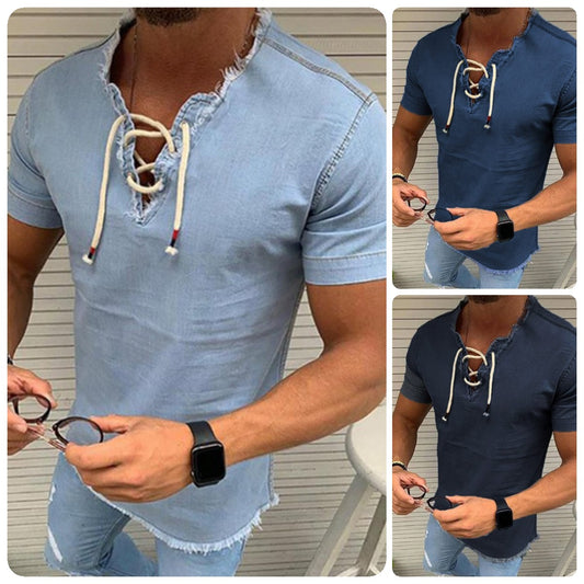 🤠【S–4XL✨】👔 Férfi rövid ujjú fűzős farmerpóló, rugalmas anyagból, nagy méretekben