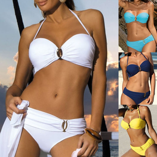 🌙👙【Sleva 50 % ✨】【S–2XL】Jednobarevné dvoudílné bikiny s ozdobou ve tvaru písmene U, dostupné v 8 barvách