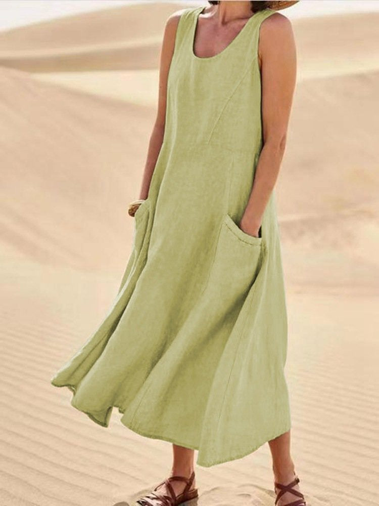 🌈👗【50% sleva 🔥】【12 barev, S-5XL】💖 Nové letní elegantní šaty bez rukávů z bavlny a tencelu s kulatým výstřihem