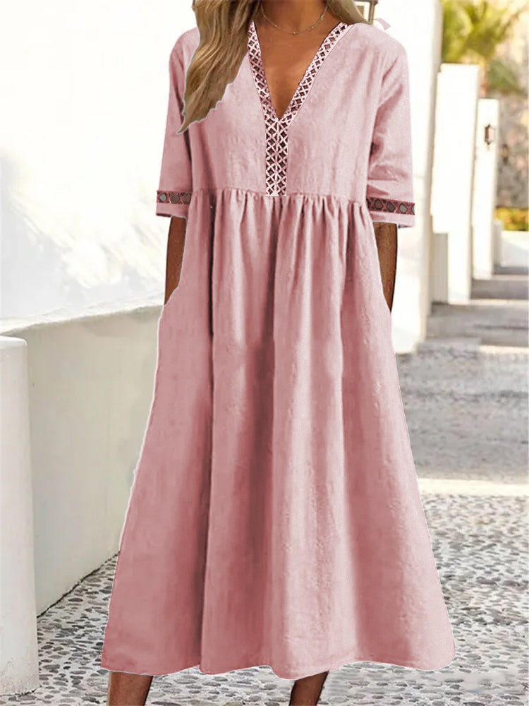 👗【– 50% kedvezmény 🔥】😍 Rövid ujjú, csipkés V-nyakú tavaszi–nyári ruha