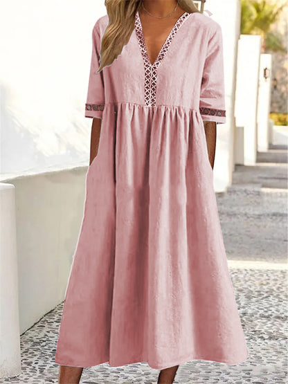 👗【– 50% kedvezmény 🔥】😍 Rövid ujjú, csipkés V-nyakú tavaszi–nyári ruha