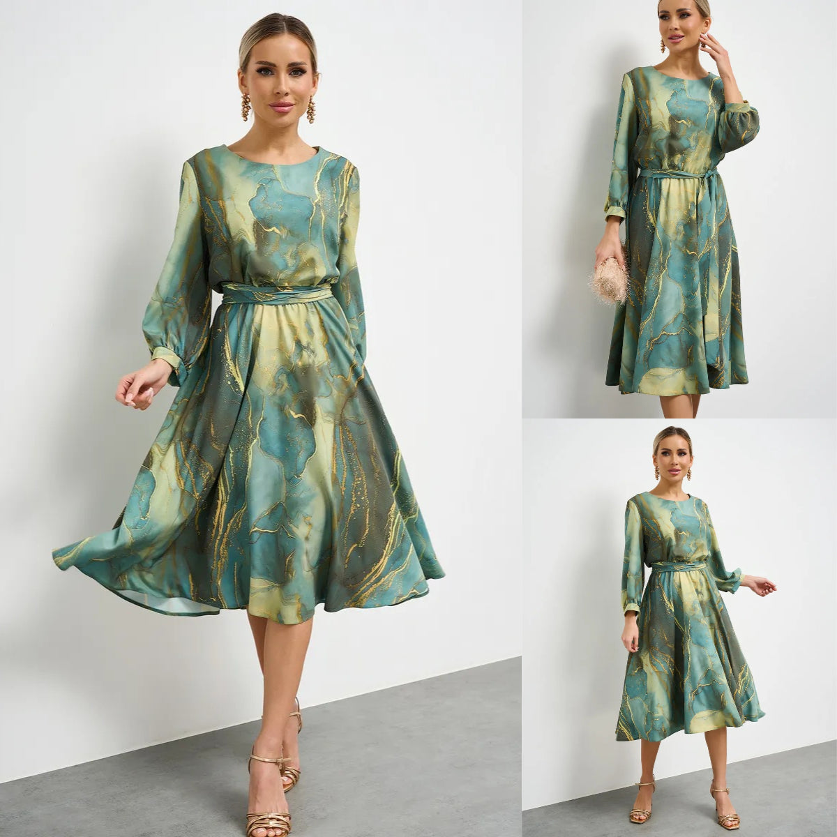 🌿👗【40-120 kg】Elegantna zelena haljina s dugim rukavima i suknjom 🌸 Plaćanje pouzećem✅️