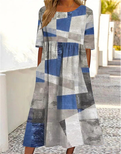 👘🌺【Sleva 50 % 🔥】【M–3XL】Nové letní dámské šaty s kulatým výstřihem a potištěným vzorem, ve větších velikostech, lehké a prodyšné
