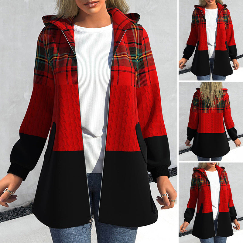 💃【Sezónní sleva -46% 🔥🔥】Dámská mikina na zip s kapucí, barevná kostkovaná patchwork bunda