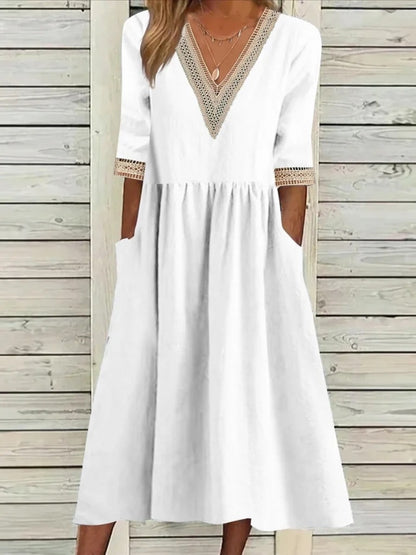 🌈👗【Sleva 50 % 🔥】【40–90 kg】👑 Ležérní dámské midi šaty z bavlny a lnu s krajkovým límečkem, ve větších velikostech